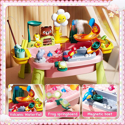 2026 Upgraded Toddler Sand Water Table Toy with Electric Water Pump, Kids Sand Water with Faucet/Play Food Accessories/Fishing Toy, Kitchen Play Sink Toys for Girl Boy Age 3+