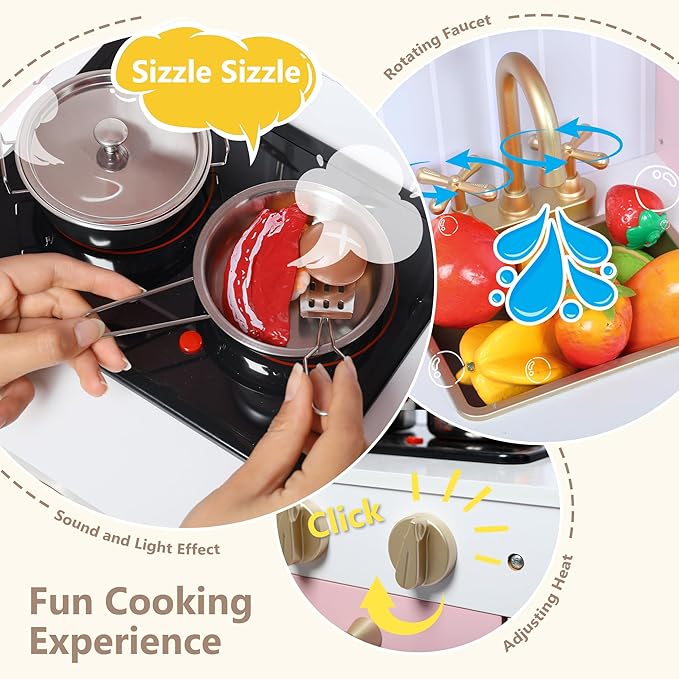 Kinder King Wooden Kids Play Kitchen, Kitchen Playset for Toddler Kid, Play Kitchen Toy Set w/Real Sounds, Pretend Microwave Oven, Ice Maker, Telephone, Gift for Boys Girls Age 3+, Pink