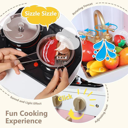 Kinder King Wooden Kids Play Kitchen, Kitchen Playset for Toddler Kid, Play Kitchen Toy Set w/Real Sounds, Pretend Microwave Oven, Ice Maker, Telephone, Gift for Boys Girls Age 3+, Pink