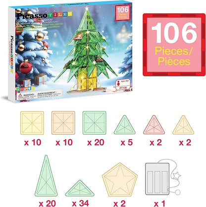 PicassoTiles 106pc Magnetic Tiles LED Light-Up Tree Toy Holiday STEM Toys for Kids Educational Magnet Building Blocks Gift for Toddlers Boys Girls Christmas Montessori Puzzle Play Set Ages 3+ PT106
