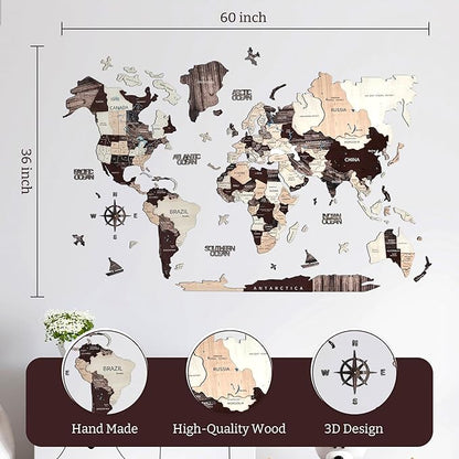 KPSKE 3D Wooden World Map for Wall - Wall Accent Map with Ocean Names, Boats, Compass and More - Wood Travel Map with 50 Pins (Mocha)
