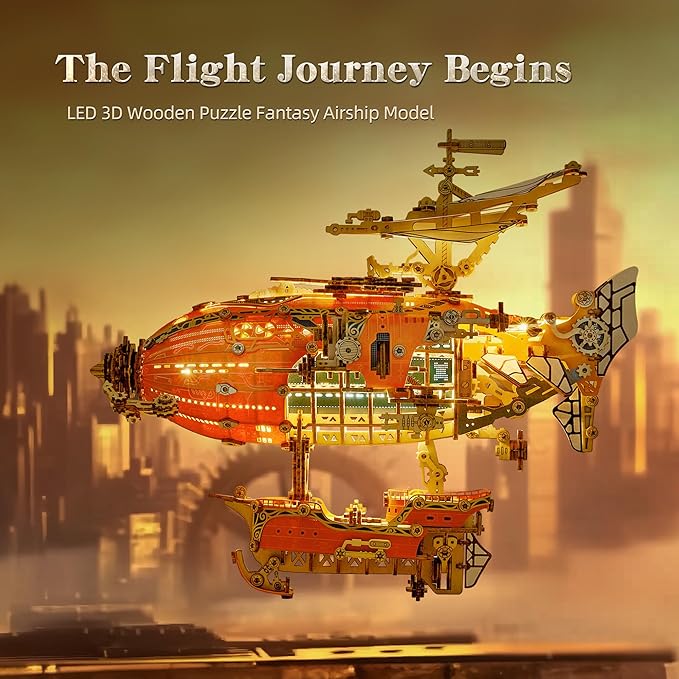 LED 3D Wood Puzzle Fantasy Airship Model - Steampunk DIY Craft Kit with LED Lights – Intricate Wooden Airship Model Building Set for Teens and Adults(Orange)