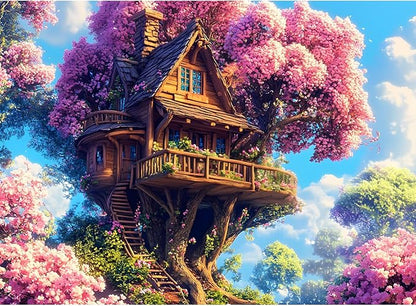 500 Piece Puzzle for Adults Puzzle, Pink Tree House Jigsaw Puzzle 500 Pieces, Colorful Flower Jigsaw Puzzles for Adults Seniors, Challenging Family Games Holiday Party Gifts 20.5×15 in