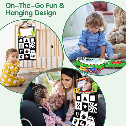 Tummy Time Baby Mirror Toys - Infant Toy Newborn 0 3 Months Brain Development with Soft Activity Book Teether - Black and White High Contrast Baby Toys 2 4 5 0-6 Babies Boy Girl Sensory Shower Gifts