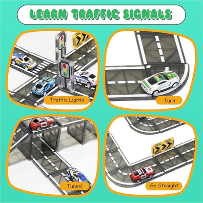 Magnetic Tiles Road Set with Pullback Car, Magnetic Tiles for Kids Ages 3-5 4-8, Magnet Building Tile for Toddler Kids Boys Girls, Creative STEM Building Toy & Learning Educational Magnet Toys