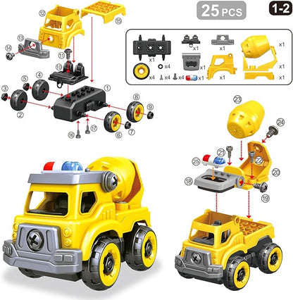4-in-1 Take Apart Car Toys for Boys, DIY Engineering Construction Truck Toy Vehicle - Dump Truck, Cement Mixer, Excavator, Crane, Kids Building Educational Toy Gift for Age 3 4 5 6 7 8 Year Old Girls