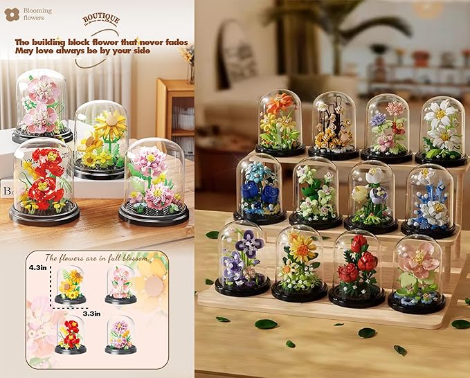 Rose Love Home Bouquets Dust Cover Set Building Toy Creative Assembly Bonsai Tree, Ideal for Valentine's Anniversaries Birthday
