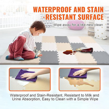 VEVOR 16-Tile Kids Play Mat, 0.4" EVA Foam, 12" x 12" Puzzle Mat, Interlocking Mats for Play Room, Nursery, Living Room, Camel, Gray, Beige