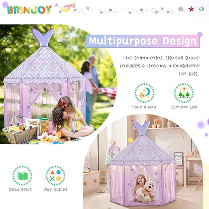 Princess Tent for Girls with Lights, Large Pretend Play Tent Castle w/Carry Bag & Stickers & Detachable Fishtail Top Indoor Outdoor, 67”x55” Ocean-Theme Kids Playhouse Gift for Toddler Age 3+