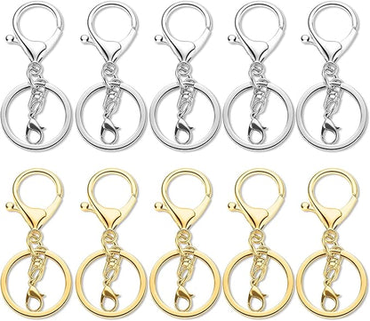 10 Pack a Set Metal Lobster Claw Clasps and Key rings, Key chain Accessories, Keychain Making kit for Keys, Art Crafts, Jewelry Making, Silver - Gold