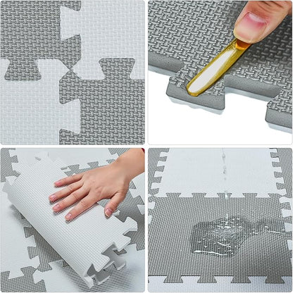 qqpp EVA Rubber 18 Tiles Interlocking Puzzle Foam Floor Mats - Baby Play Mat for Playing | Exercise Mat for Home Workout. White, Black, Gray. QC-ADLb18N