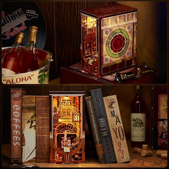 DIY Book Nook Kit, DIY Miniature Dollhouse Booknook Kit, 3D Wooden Puzzle Bookend Bookshelf Insert with LED Light for Teens and Adults (Roaring Twenties Speakeasy)