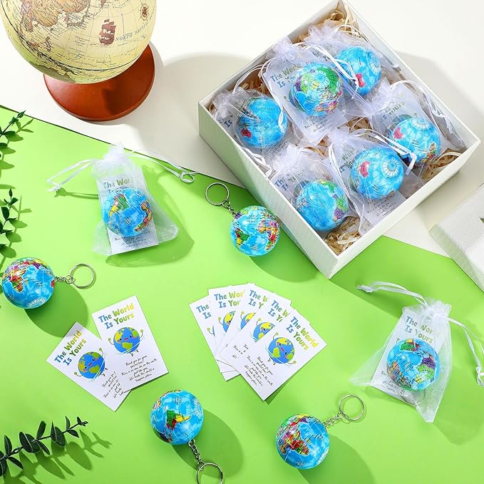 Quelay 24 Pack Earth Day Globe Keychains for Kids, Planet Earth Keyrings Toy Includes Globe Stress Balls Cards Organza Bags, School Party Favor