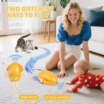 Electric Dancing Octopus Toy with LED Lights and Music, Automatic Avoidance, USB Rechargeable Crawling Belly Time Toy, Suitable for Children 3 Years and Older Birthday Gift (Yellow)