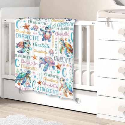 Personalized Baby Blanket for Girls Boys Kids Sea Turtle Custom Baby Blanket with Name Throw Birthday Gift for Toddlers Infants Shower Newborns Nursery Stroller Crib Bed Decor