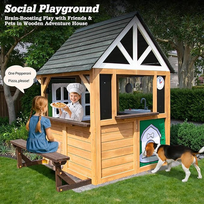 Kids Playhouse Outdoor, Wooden Play House Playset with Kitchen, Fence, Bench, Dog Door, Doorbell & Flower Pot,Fun Backyard Cottage for Ages 3-8 (Green)