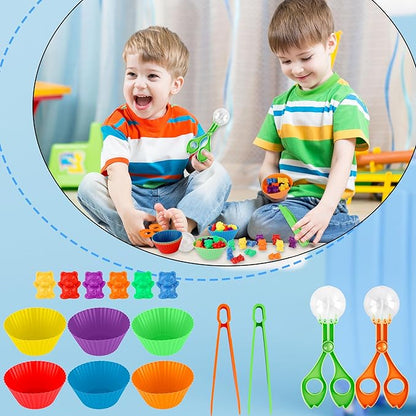 120 Pieces Fine Motor Toy Counting Sorting Counting Sorting Bears Includes 96 Cute Rainbow Sorting Bears 8 Tweezers 4 Scissors Clips and 12 Colorful Cups for Kid Early Skill Education