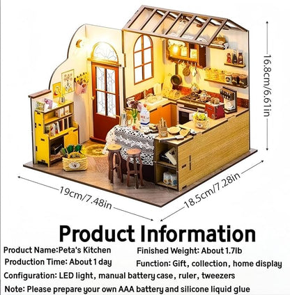 DIY Miniature House Kit, Tiny House Kit with LED, DIY Miniature Kit for Adults Teen, Wooden Dollhouse Kit, Home Decor, Kitchen