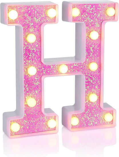 Foaky Pink Light up Letters，Pink Party Decorations,Girls Room Decor,Glitter Light Up Letters,Alphabet Letter Sign for Night Light Birthday Party Girls Gifts, Home Bar Decoration（H）