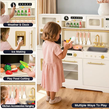 Wooden Play Kitchen for Toddler, Toy Kitchen Set for Kids Pretend Play with 41 Pcs Toy Food & Cookware Accessories, Kitchen Playset Gift for Boys and Girls Ages 3+