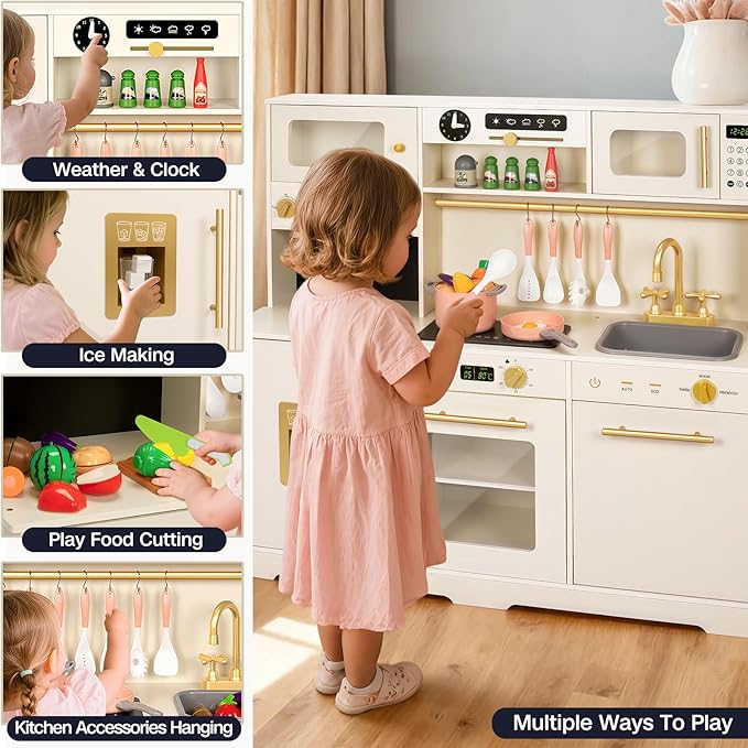 Kids Kitchen Playset, Wooden Toddler Play Kitchen Set Toys, Cooking Stove, Play Sink, Play Food, Kitchen Accessories for Baby Toddler Kids Toys, Pretend Toy Kitchen for Girls Ages 1-3