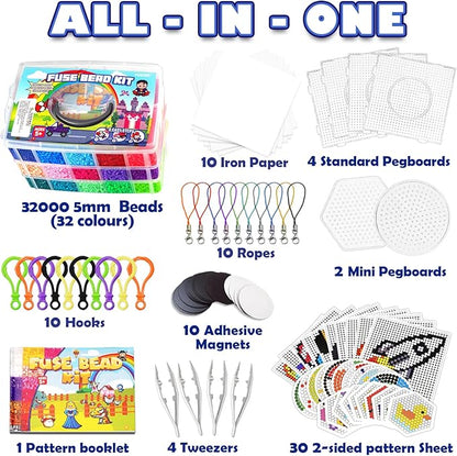 FUNZBO 32000 5mm Fuse Beads Kit - 32 Colors, Homeschool Arts and Crafts Supplies for Kids, Toys Set, Art Decorations for Room, Gifts for Girls and Boys Age 5+