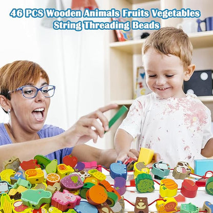 46 PCS Wooden Lacing Beads,Animals Fruits Threading Toys for Toddlers,Preschool Learning Lacing Toys,Montessori Educational Stringing Threading Beads Toys for Kids 3 4 5 6 Year Old Boys Girls
