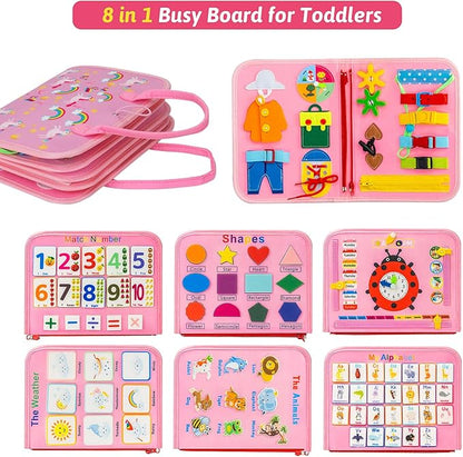 AIXMEET Toddler Busy Board Montessori Toys, Sensory Board Busy Book, Toys for Toddlers 3456 Year Old, Preschool Learning Activities with Life, Shape,Color,Animal,Weather,8 Pages (Pink)