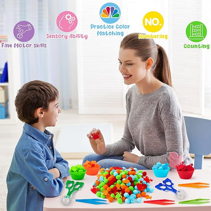 EZdhuawuse Summer Sea Animal Sensory Bin Fillers - 295Pcs Ocean Animal Fine Motor Toys Color Counting Sorting Set for Kids, Felt Octopus Crab Turtle Pom Poms Cup Clip for Preschool Education Training
