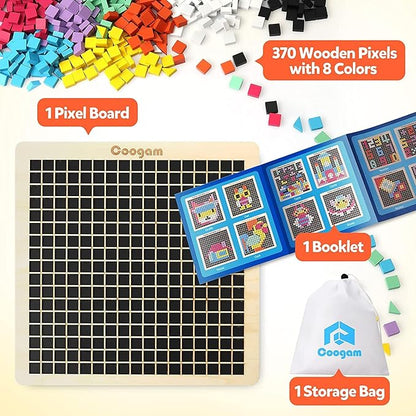 Coogam Wooden Mosaic Puzzle, 370PCS Shape Pattern Blocks with 8 Colors, Pixel Board Game Montessori STEM Toys Gift for Kids Toddlers Boys Girls Ages 4 5 6 7 Years Old