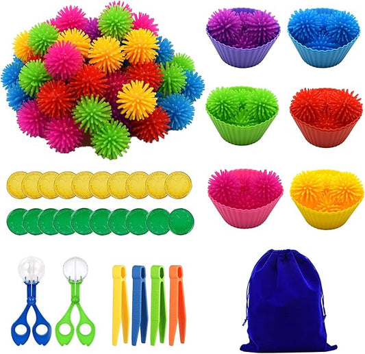 99pcs Fine Motor Skills Counting Sorting Sensory Bin Filler Included 60 Hedge Ball 4 Tweezer 2 Scissor Clip 20Pcs shamrock coins 12 Sorting Cup 1 Storage Bag for Preschool Early Education (Multicolor)