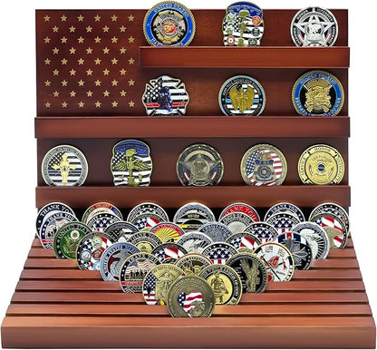 PiaoHao Challenge Coin Display Stand Military Coin Holder Wooden Rack Holds 80 Coins (Red)