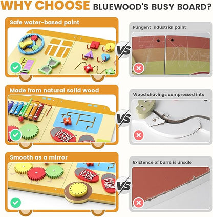 BlueWood School Bus Wall Busy Board Panels, Toddler Learning Activity Center, Montessori Philosophy Sensory, Educational Toys, Conducive to All-Round Development