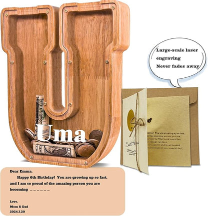 Personalized Wooden Letter Piggy Bank for Kids Larger Letter Piggy Bank for Boys and Girls Initial Coin Bank Customized Piggy Bank Perfect Wood Kids Money Bank for Birthday and Festival