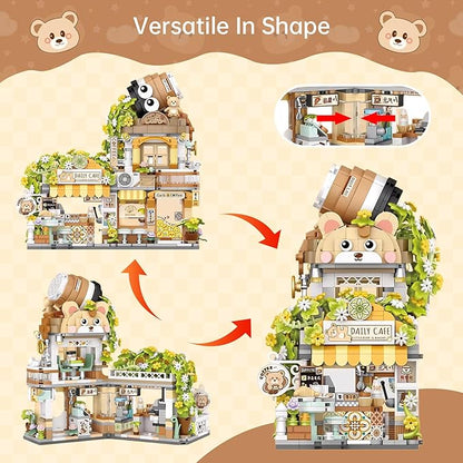 Creative Brick Box Street View-Coffee Shop Mini Building Toy Animals Interactive for Kids, Simulation Architecture Toy for Girls and Boys Ages 6+ - Gift Easter, Birthday, Christmas (1077 PCS)