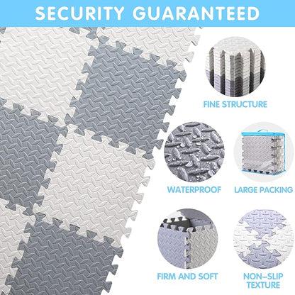16 Tiles Foam Play Mat for Baby, Soft & Safe EVA Foam Mats for Floor, Square Baby Play Mat, Solid Colored Kids Foam Puzzle Floor Mat, 47x47 Play Mat for Playpen(Whit/Gray)