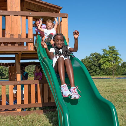 Backyard Discovery Woodridge Elite Cedar Wood Swing Set with Wave Slide, Clubhouse, Crawl Tunnel, Crow's Nest, Belt Swings, Trapeze, Rock Wall Ladder, Sandbox, Wrap-Around Porch, Deck, Outdoor Playset