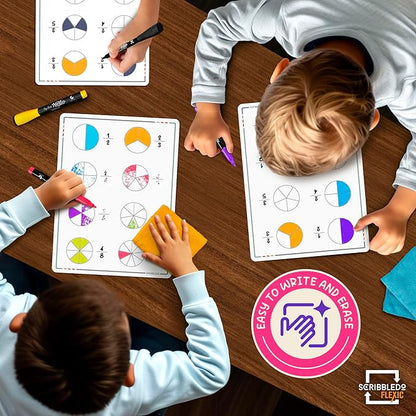 SCRIBBLEDO Fraction Manipulatives 9”x12” Small White Board Dry Erase Sheets Math Manipulatives 1st Grade Students 2nd Grade Fractions Homeschool Supplies Teacher Classroom Pack of 10 Sheets