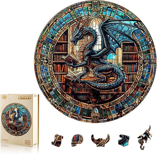WOODBESTS Wooden Puzzles for Adults (100 Piece, S, 8.5"x8.5") Dragon's Library Wood Puzzle Adult, Unique Wooden Animal Jigsaw Puzzles, Family Game and Birthday Gifts for Friend