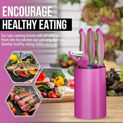 5-Piece Kids Knife Set for Real Cooking | Stainless Steel Chef, Paring & Serrated Knives with Peeler & Holder | Safe Junior Chef Cooking Set for Kids (5 pcs, Pink)