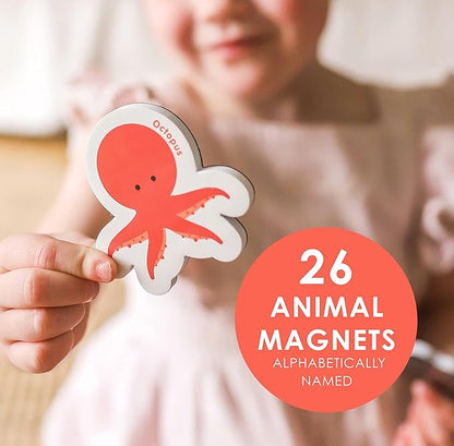 Curious Columbus Toddler Magnets – Animal Fridge Magnets for Kids | 52 Refrigerator Magnets with 26 Animals + 26 ABC Magnetic Letters | Foam Alphabet Learning Set for Toddlers