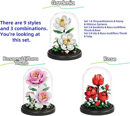 Mini Brick Flower Building Kit with Display Cover- 500PCS Micro Bricks for Realistic Artificial Flowers, Gardenia,Rosa multiflora Thunb and Rose,Perfect for Home Decor and Gifts