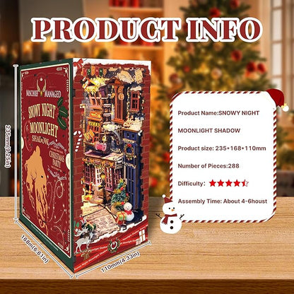Christamas Book Nooks DIY Dollhouse Kit for Adults Bookshelf Decor with LED Lights 3D Wooden Puzzle Model Booknooks Kits Gifts for Family,Friends (Snowy Night)