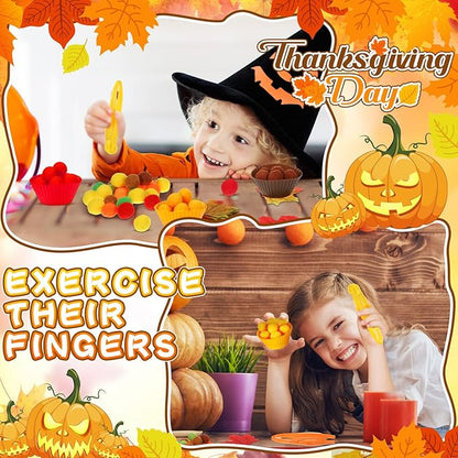 Hotop 312 Pieces Fine Motor Toys Counting Sorting Fall Thanksgiving Decorations 100 Pcs Assorted Pompoms 200 Pcs Artificial Maple Leaves 2 Pcs Tweezers 10 Pcs Cups for Autumn Thanksgiving Decoration