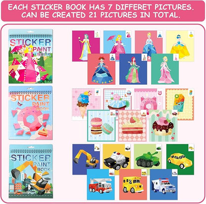 3 Pack Sticker Book Paint by Sticker Kids Ages 4-10 Reusable Sticker Book for Toddlers Boys and Girls Birthday Gifts Party Favor, Travel Activity Book Set for Learning and Playing