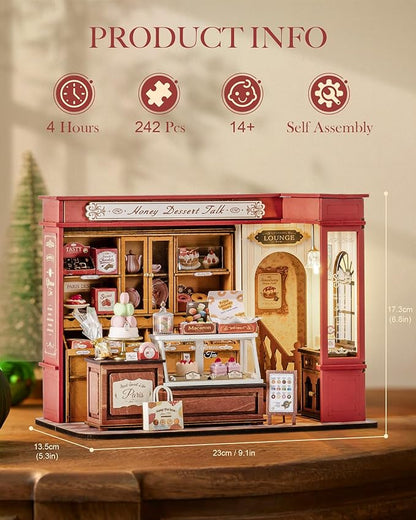 ROBOTIME DIY Miniature House Kit, Mini Wooden Dollhouse Kit for Adults, Building Kit with LED Light, Diorama Model,Halloween/Christmas/Birthday Gifts for Family/Friends (Honey Dessert Talk)