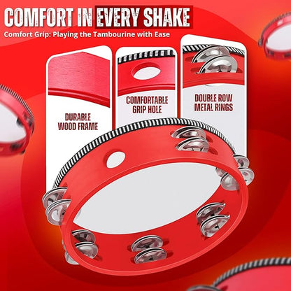 Flexzion Wood Handheld Tambourine Adults 8-Inch Double Row 8-Pair Jingles (Red) - Percussion Round Tamborines Musical Instrument with Metal Zills