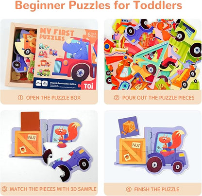 Toi 6 Packs Large Piece Toddler Jigsaw Puzzles for Kids Aged 2.5+, Animal Shaped Floor Puzzles for Beginner, Preschool Learning Game for Boys Girls, Shape Vehicle