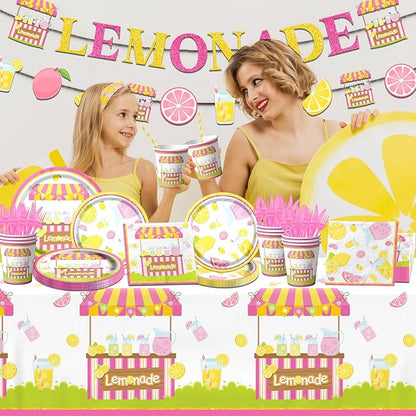 Lemon Party Supplies - 142Pcs Lemonade Party Decorations Tableware Set Includes Lemon Plates,Napkins,Cups,Banner,Lemonade Tablecloth for Lemon themed Birthday Party Baby Shower Party, Serves 20