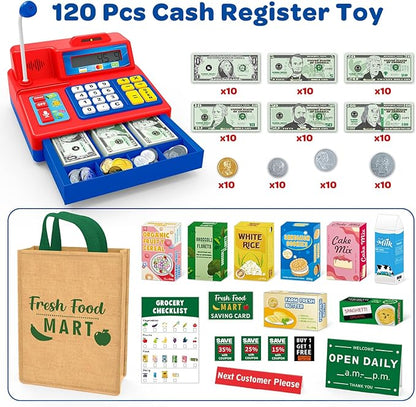 Calculator Cash Register Toy Gift for Kids Age 3, 4, 5, 6, 7, 8+ Year Old, 120 Pcs Grocery Store Playset with Microphone, Grocery Boxes, Credit Card, Red Play Cash Register for Toddlers Kids 4-8
